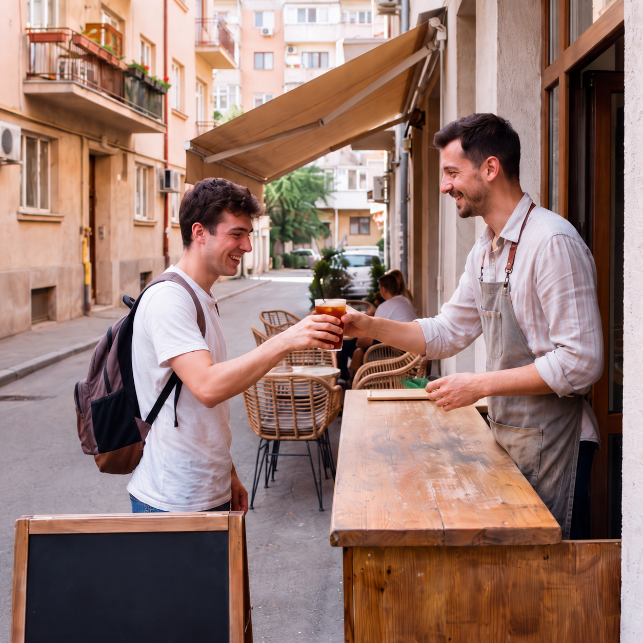 A student and café server sharing a conversation at an outdoor counter in Spain